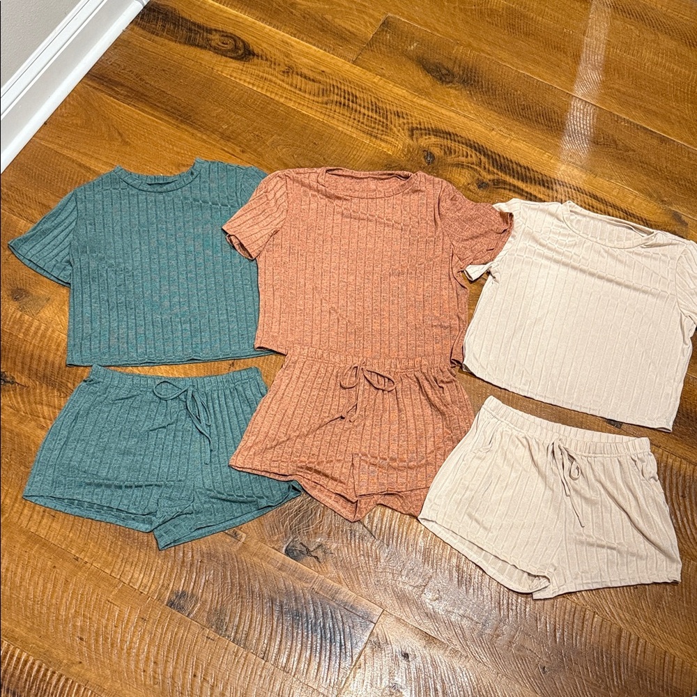 Ribbed Knit Lounge Set in Green, Orange, and Cream